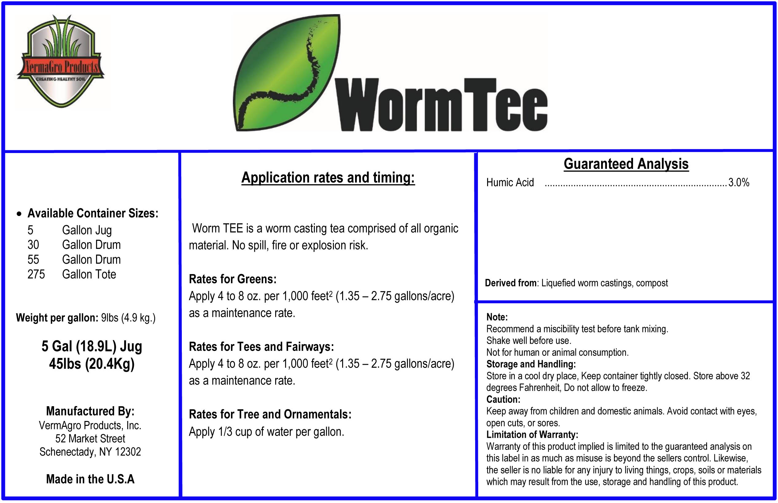 VermaGro Products Worm Tee Product Label  Tea Pro Amendments - amendments  for Turf Grass and Golf Courses